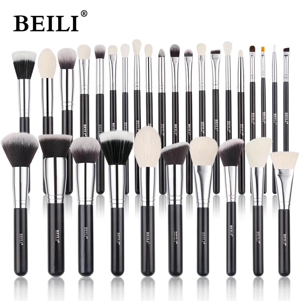 Conjunto Profissional de Pincéis de Maquiagem BEILI em Preto: Cerdas Naturais de Cabra para Base, Pó, Contorno e Sombra de Olhos
