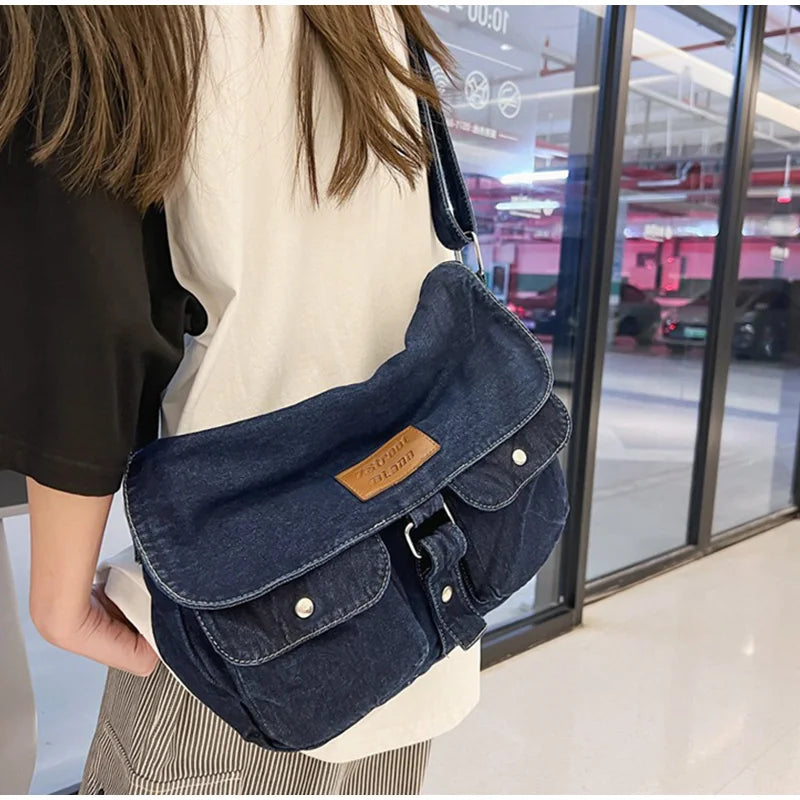 Bolsa mensageiro de bolso duplo para mulheres, bolsa de lona jeans vintage, bolsa de ombro japonesa, grande capacidade, versátil casual