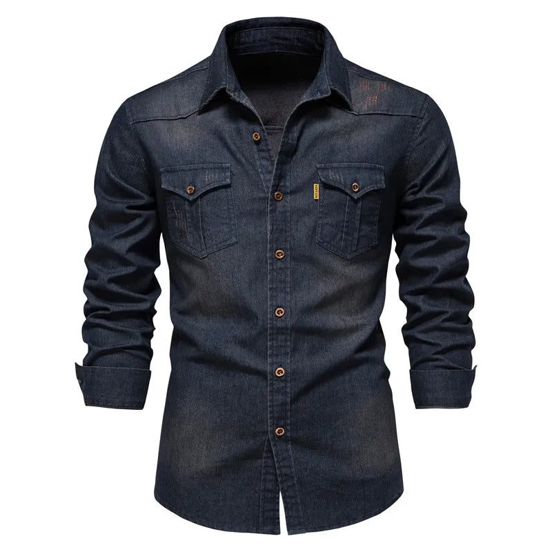 Camisa jeans de algodão elástico masculina, manga comprida, monocromática, camisas de bolso, casual, slim fit, roupas de grife de alta qualidade