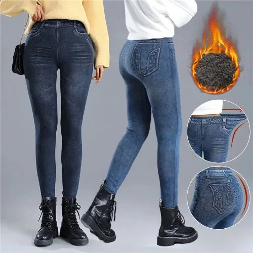 Calça jeans feminina fina de lã, elástica, cintura alta