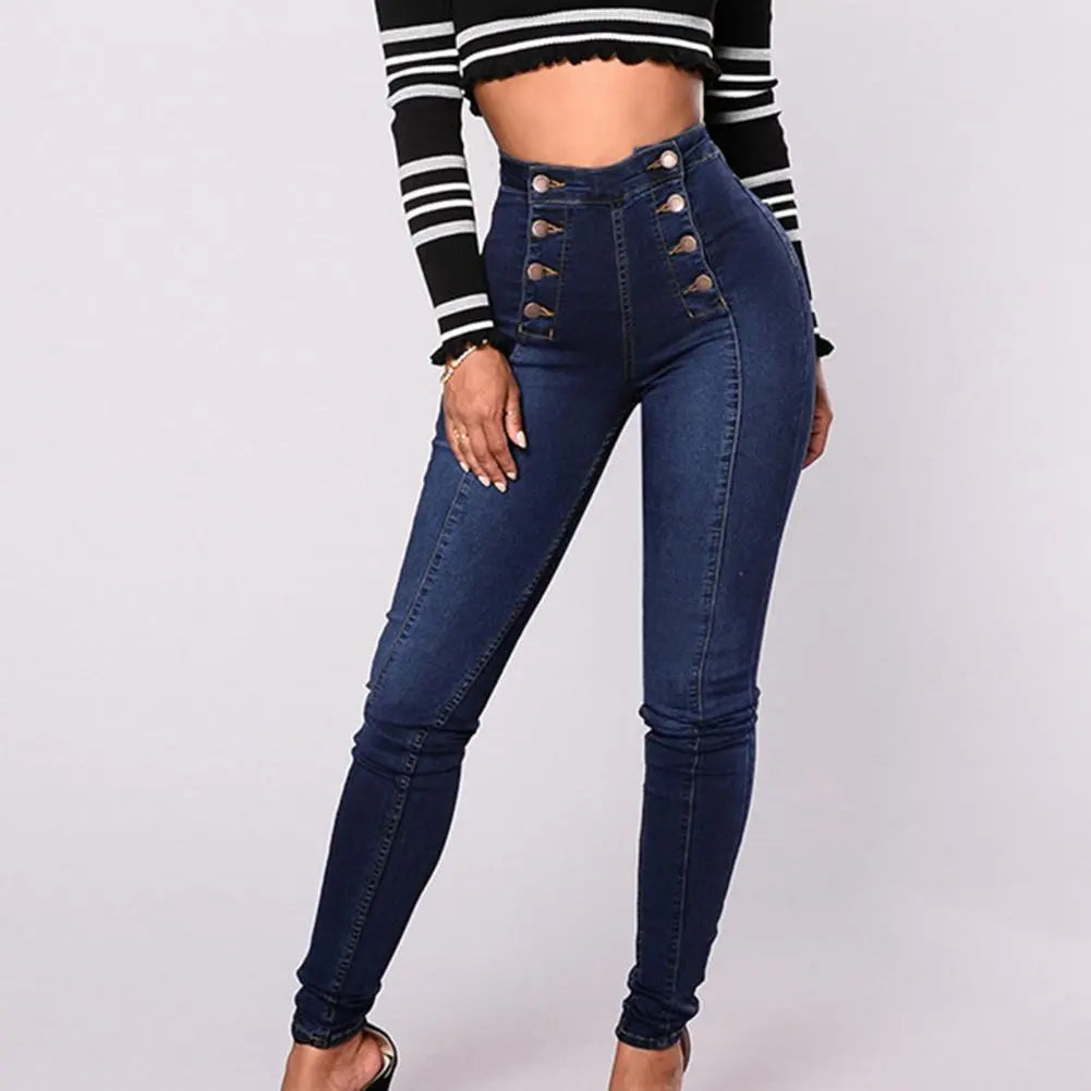 Vintage magro double-breasted cintura alta lápis jeans feminino ajuste fino estiramento denim calças de comprimento total denim calças apertadas