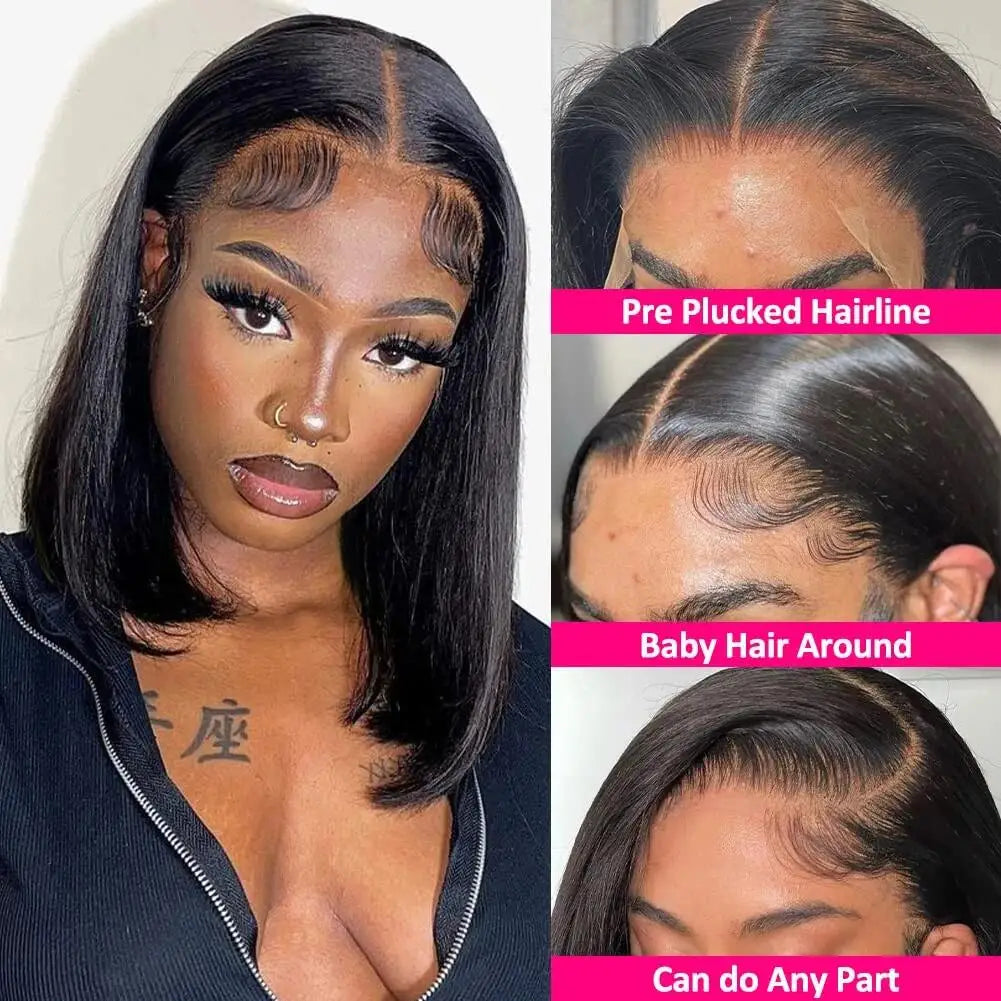 Peruca bob lace front wig sem glueless, curto, reto, 13x4, pre-arrancadas, brasileiro