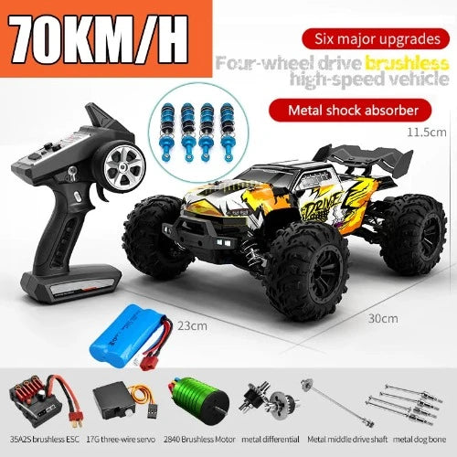 Carro de controle remoto de alta velocidade com farol LED carro RC off road 4WD sem escova caminhão monstro 1/16, brinquedos para meninos, 4x4, 70 km/h