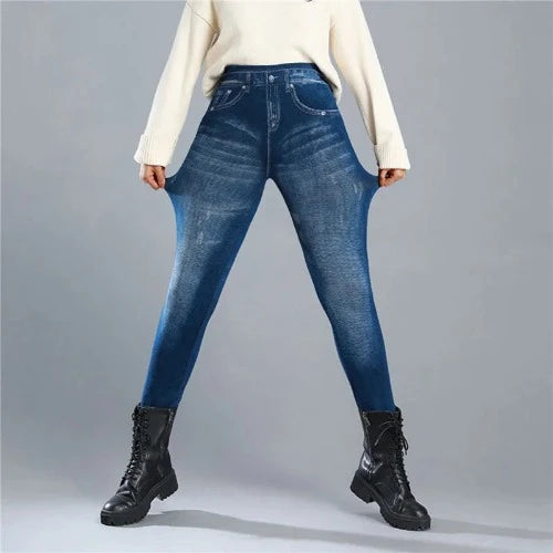 Calça jeans feminina fina de lã, elástica, cintura alta
