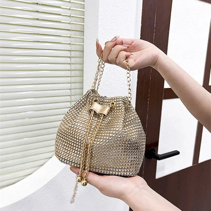 Bolsas de Ombro, Pequena Bolsa Crossbody, Bolsas Femininas de Diamantes Rhinestone Bucket Bags para mulheres, Cadeia Pérola, Brilhante, Moda Retro