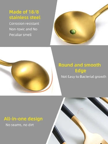 Conjunto de Talheres de Aço Inoxidável: 24 Peças em Preto e Dourado, Facas, Garfos e Colheres para Servir com Estilo Ocidental
