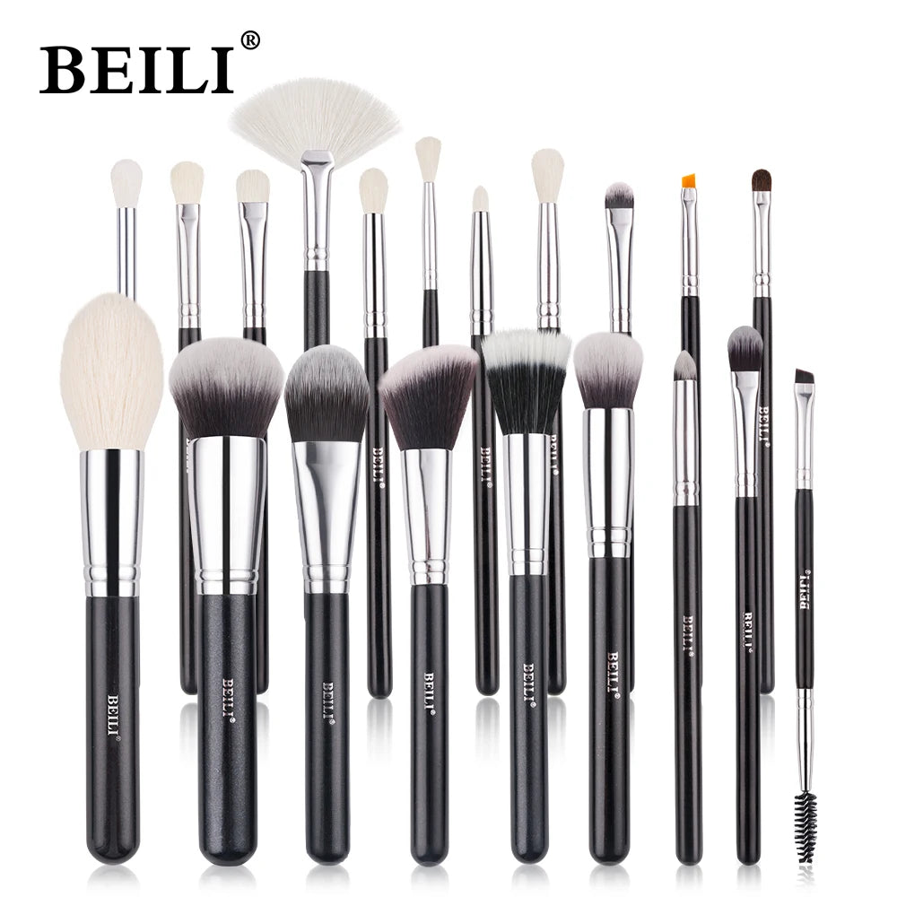 Conjunto Profissional de Pincéis de Maquiagem BEILI em Preto: Cerdas Naturais de Cabra para Base, Pó, Contorno e Sombra de Olhos