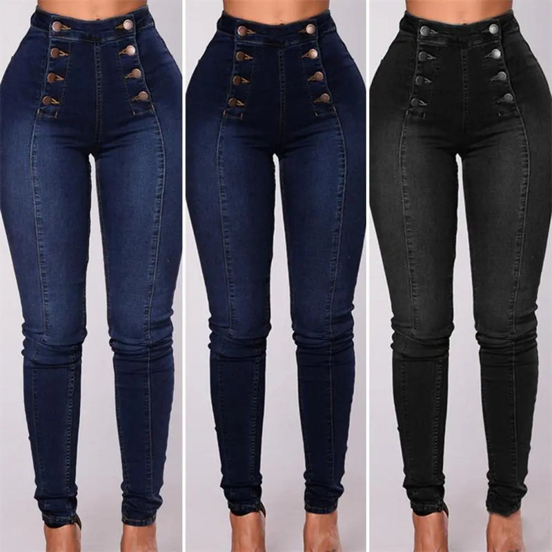 Vintage magro double-breasted cintura alta lápis jeans feminino ajuste fino estiramento denim calças de comprimento total denim calças apertadas