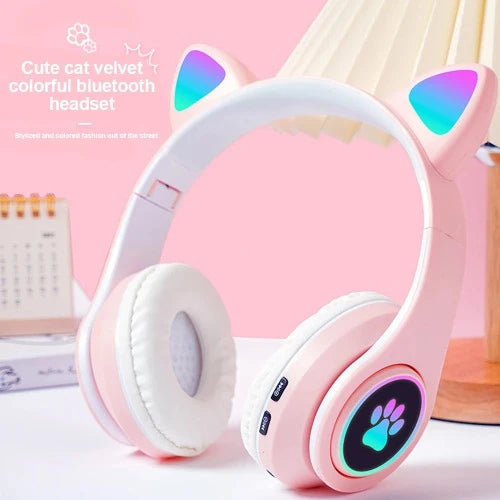 Fone de ouvido sem fio orelhas de gato fones de ouvido com microfone azul-dente brilho luz pc telefone gaming headset crianças presentes da menina do gamer