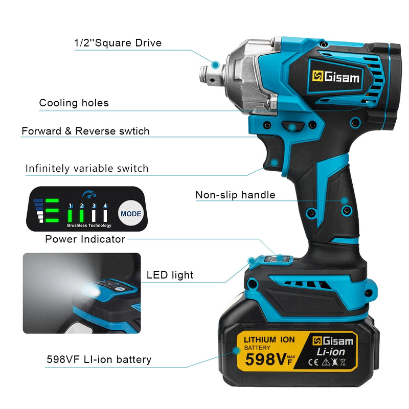 Chave de Impacto Elétrica Brushless 1200N.m Gisam – 1/2” Sem Fio, Compatível com Bateria Makita 18V, Ferramentas de Poder e Parafusadeira