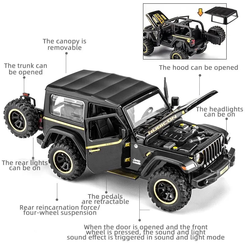 Off-Road 7 Door Wrangler Diecast Toy Car Model, Metal Alloy Vehicle, Portas abertas, Luz, Escala 1:32, Crianças, Meninos, Meninas, Adulto