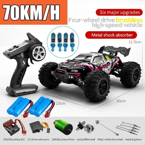 Carro de controle remoto de alta velocidade com farol LED carro RC off road 4WD sem escova caminhão monstro 1/16, brinquedos para meninos, 4x4, 70 km/h