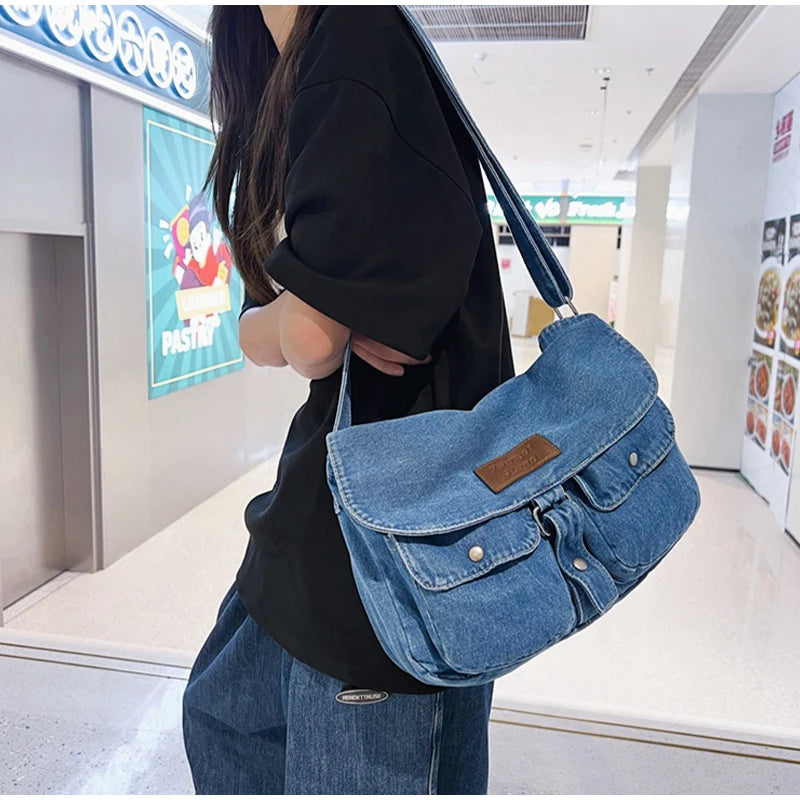 Bolsa mensageiro de bolso duplo para mulheres, bolsa de lona jeans vintage, bolsa de ombro japonesa, grande capacidade, versátil casual