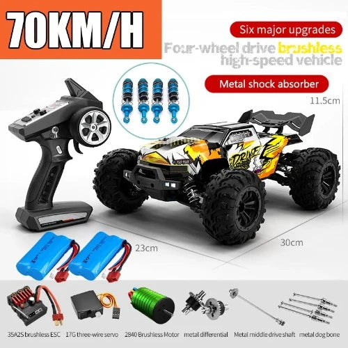 Carro de controle remoto de alta velocidade com farol LED carro RC off road 4WD sem escova caminhão monstro 1/16, brinquedos para meninos, 4x4, 70 km/h