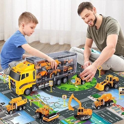 TEMI Big Container Transporter Playset com Play Mat: Mini Veículos de Engenharia - Brinquedos Modelo de Carro para Crianças - Presentes para Meninos (6Pcs)