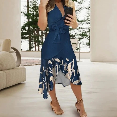 Vestido Midi estampado floral, Lace-Up, Plissado irregular, Bainha