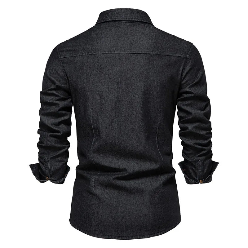 Camisa jeans de algodão elástico masculina, manga comprida, monocromática, camisas de bolso, casual, slim fit, roupas de grife de alta qualidade