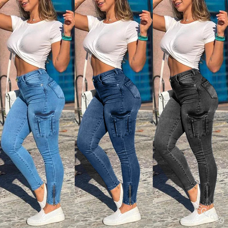 Calça jeans de lápis de carga feminina com bolsos patchwork, slim fit sexy, cintura média, lavagem, comprimento do tornozelo, zíper, estiramento leve