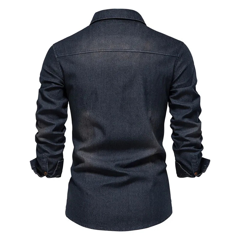 Camisa jeans de algodão elástico masculina, manga comprida, monocromática, camisas de bolso, casual, slim fit, roupas de grife de alta qualidade