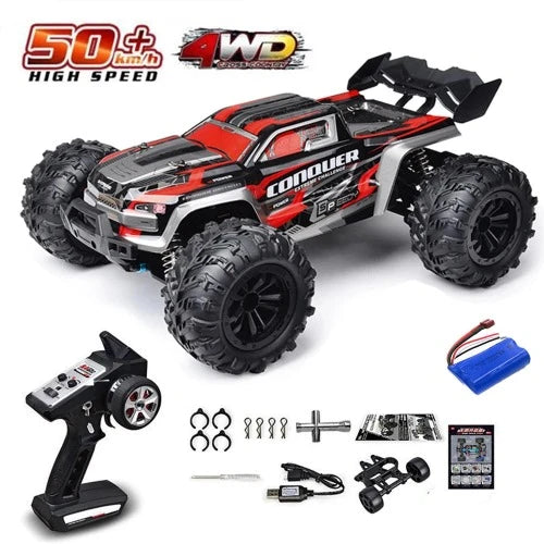 Carro de controle remoto de alta velocidade com farol LED carro RC off road 4WD sem escova caminhão monstro 1/16, brinquedos para meninos, 4x4, 70 km/h