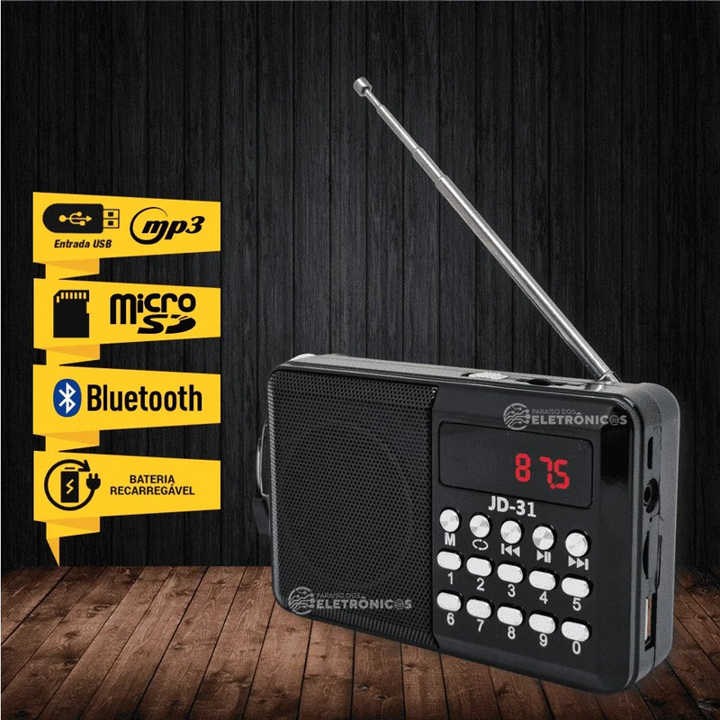 Bluetooth Digital Portable FM Radio, MP3, Pendrive Input and JD31PR Rechargeable Battery Card