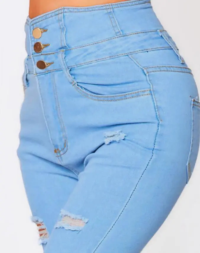 Mulheres Moda Stretch Rasgado Angustiado Skinny Cintura Alta Denim Calças Slim Jeggings Senhoras Primavera Outono Desgaste