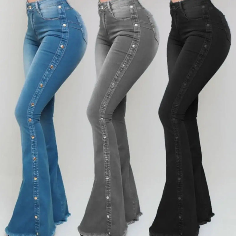 Elegante jeans flare para mulheres, controle de barriga, skin-touch, skinny flare jeans, calças jeans de perna larga