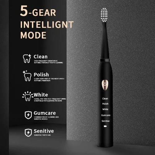 Escova de dente Jianpai-Toothbrush elétrico acústico clássico para adulto, modo 5-Gear, carregamento USB, IPX7 impermeável, preto e branco