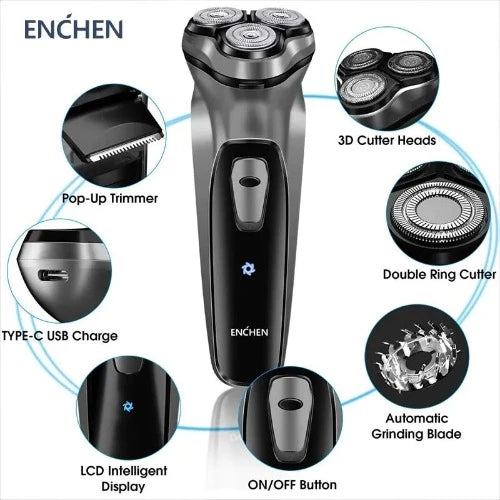 Barbeador rotativo elétrico Enchen Blackstone para homens, lâmina flutuante 3D, lavável tipo C, máquina de barba recarregável USB