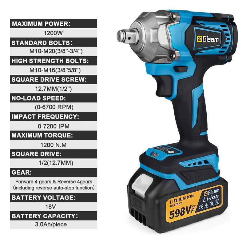 Chave de Impacto Elétrica Brushless 1200N.m Gisam – 1/2” Sem Fio, Compatível com Bateria Makita 18V, Ferramentas de Poder e Parafusadeira