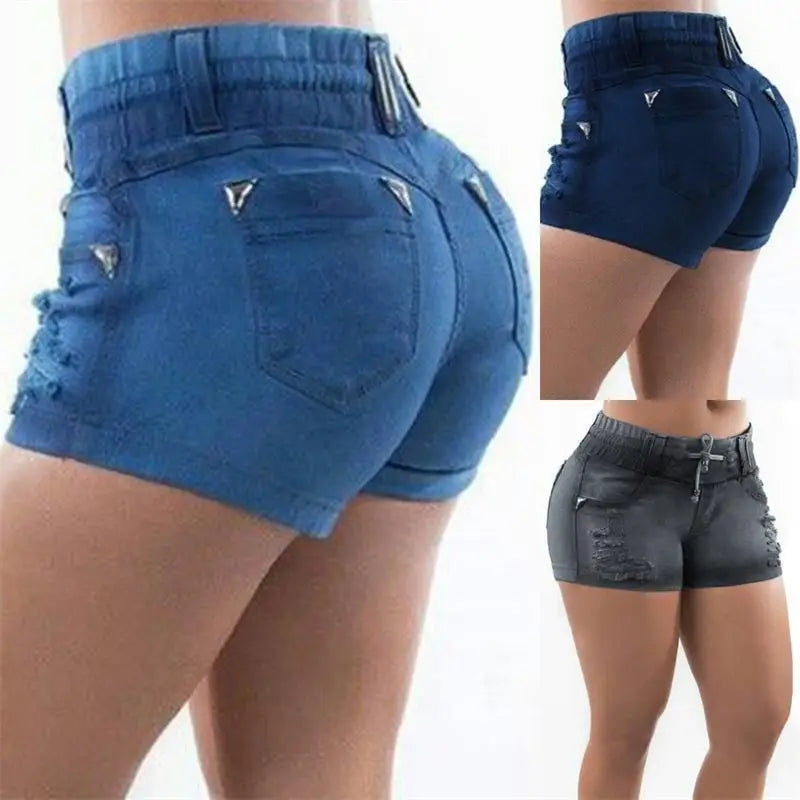 Shorts jeans skinny esticáveis, jeans rasgado, cintura elástica, calças de cordão, lazer, sexy, moda, 2023