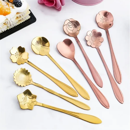 Conjunto de 8 Colheres Florais: Colheres de Chá e Café em Aço Inoxidável Prateado/Dourado para Sobremesas