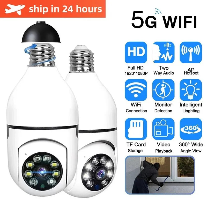 Câmera de Vigilância Bulbo com Visão Noturna, 5G, WiFi, E27, Rastreamento Humano Automático, Zoom Digital 4X Vídeo, Smart Home Security Monitor