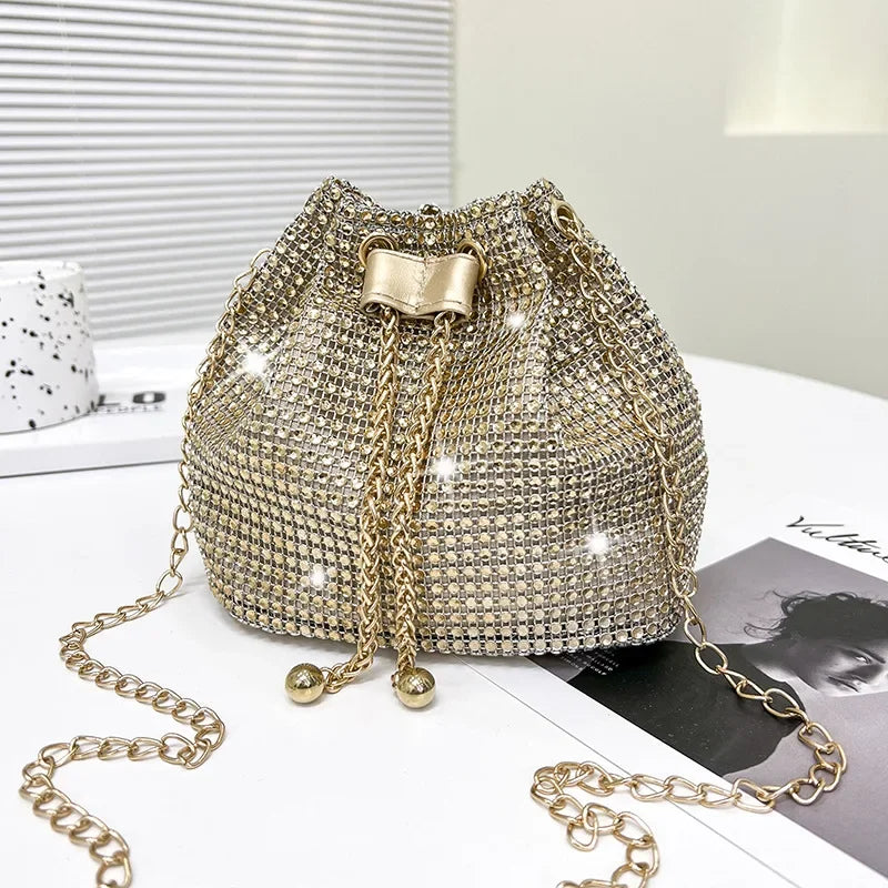 Bolsas de Ombro, Pequena Bolsa Crossbody, Bolsas Femininas de Diamantes Rhinestone Bucket Bags para mulheres, Cadeia Pérola, Brilhante, Moda Retro