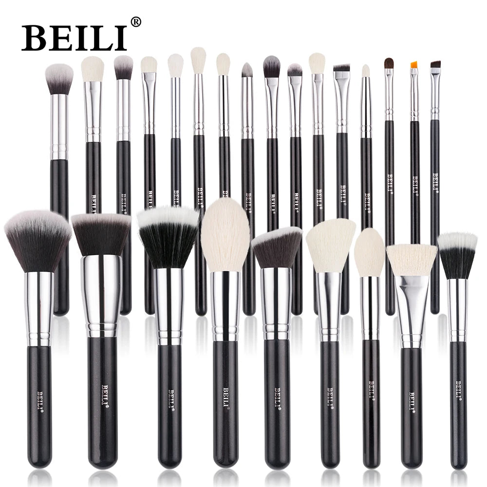 Conjunto Profissional de Pincéis de Maquiagem BEILI em Preto: Cerdas Naturais de Cabra para Base, Pó, Contorno e Sombra de Olhos