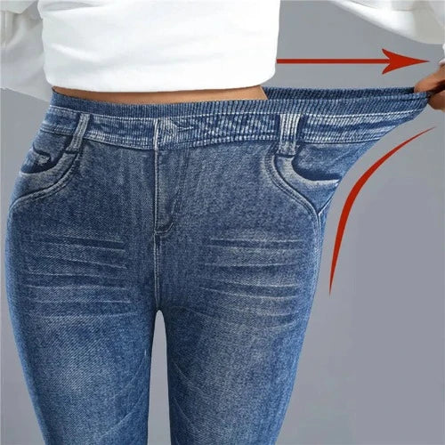 Calça jeans feminina fina de lã, elástica, cintura alta