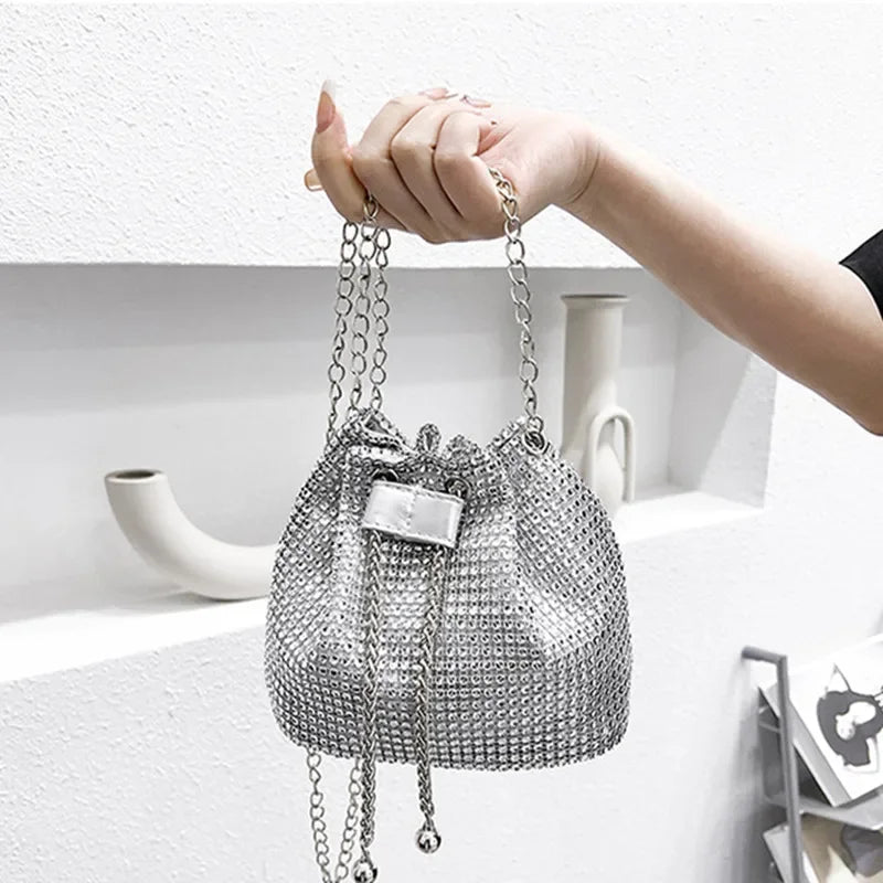 Bolsas de Ombro, Pequena Bolsa Crossbody, Bolsas Femininas de Diamantes Rhinestone Bucket Bags para mulheres, Cadeia Pérola, Brilhante, Moda Retro