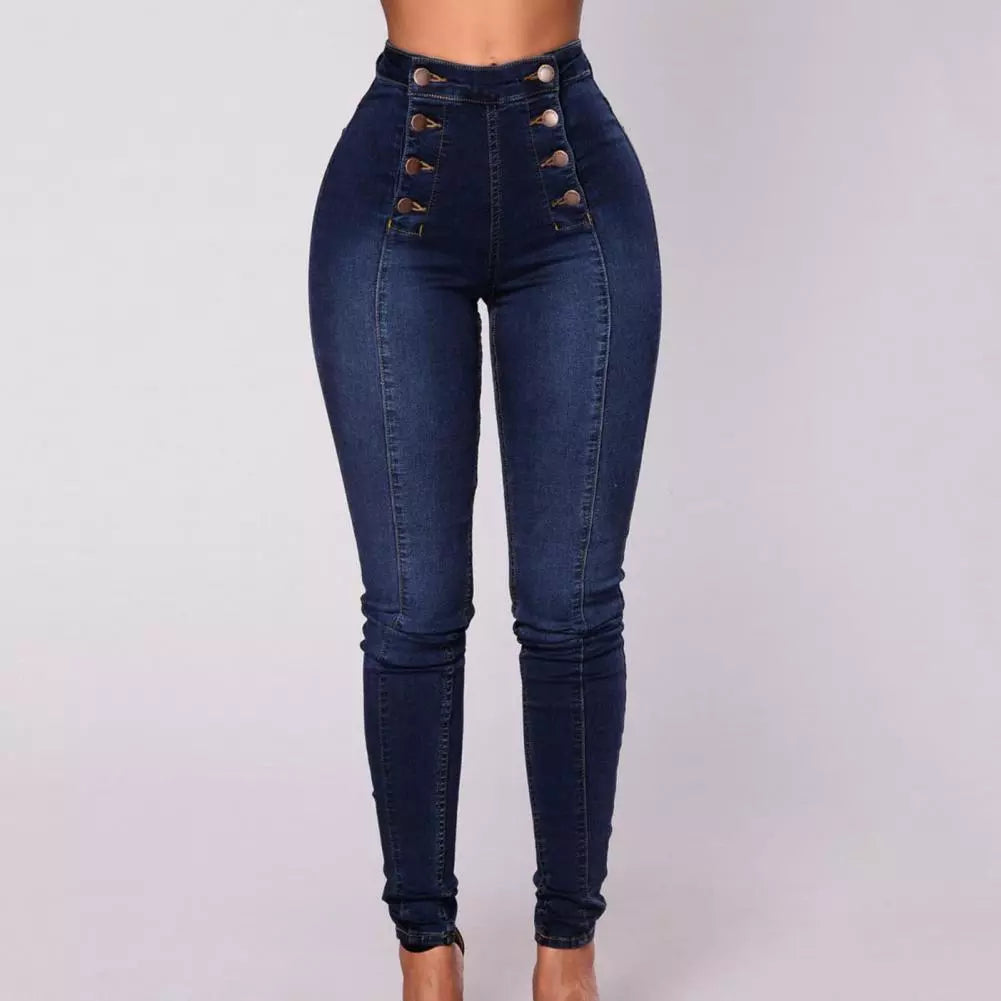 Vintage magro double-breasted cintura alta lápis jeans feminino ajuste fino estiramento denim calças de comprimento total denim calças apertadas