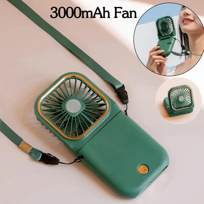 Mini ventilador portátil dobrável para pescoço, acessório de mesa, com carregamento usb, bateria externa de 3000mah, fan multifuncional