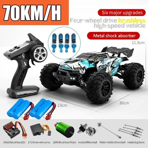 Carro de controle remoto de alta velocidade com farol LED carro RC off road 4WD sem escova caminhão monstro 1/16, brinquedos para meninos, 4x4, 70 km/h