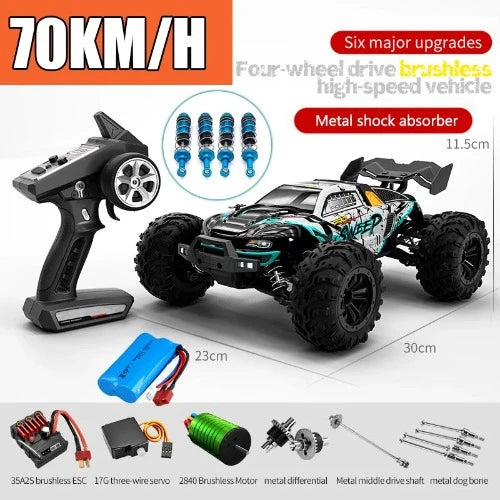 Carro de controle remoto de alta velocidade com farol LED carro RC off road 4WD sem escova caminhão monstro 1/16, brinquedos para meninos, 4x4, 70 km/h