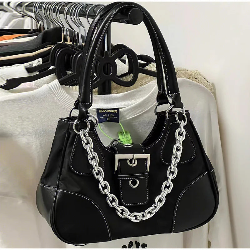 Bolsa de ombro com emenda contrastante para senhoras, corrente, bolsa tiracolo, vintage, couro envernizado, bolsa de axilas de lona, doce e legal meninas, 2023
