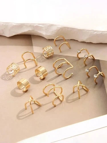 Conjunto de punho de ouvido não perfurante cristal para mulheres, brincos vintage, cor dourada e prata, brincos ocos, joias da moda, atacado, 12 peças
