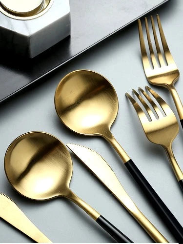 Conjunto de Talheres de Aço Inoxidável: 24 Peças em Preto e Dourado, Facas, Garfos e Colheres para Servir com Estilo Ocidental
