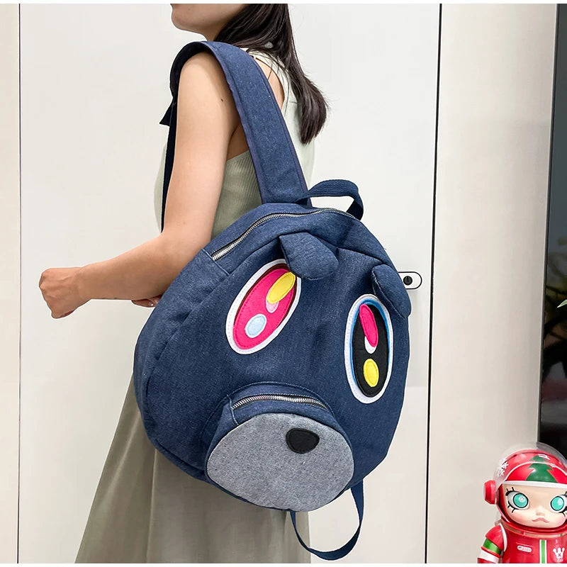 Mochila Urso de Grande Capacidade para Estudante Feminina, Sacos De Costura Bonitos Dos Desenhos Animados, Saco De Viagem Azul Jeans, Versão Coreana, Cara Grande
