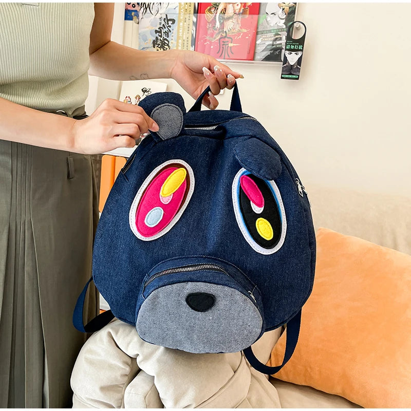 Mochila Urso de Grande Capacidade para Estudante Feminina, Sacos De Costura Bonitos Dos Desenhos Animados, Saco De Viagem Azul Jeans, Versão Coreana, Cara Grande