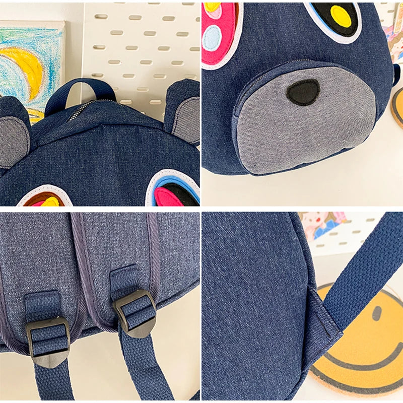 Mochila Urso de Grande Capacidade para Estudante Feminina, Sacos De Costura Bonitos Dos Desenhos Animados, Saco De Viagem Azul Jeans, Versão Coreana, Cara Grande