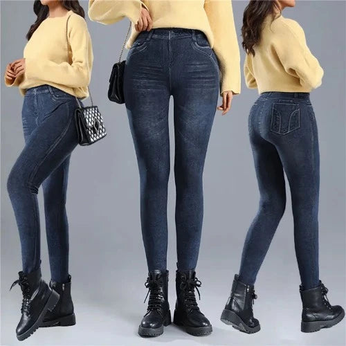 Calça jeans feminina fina de lã, elástica, cintura alta