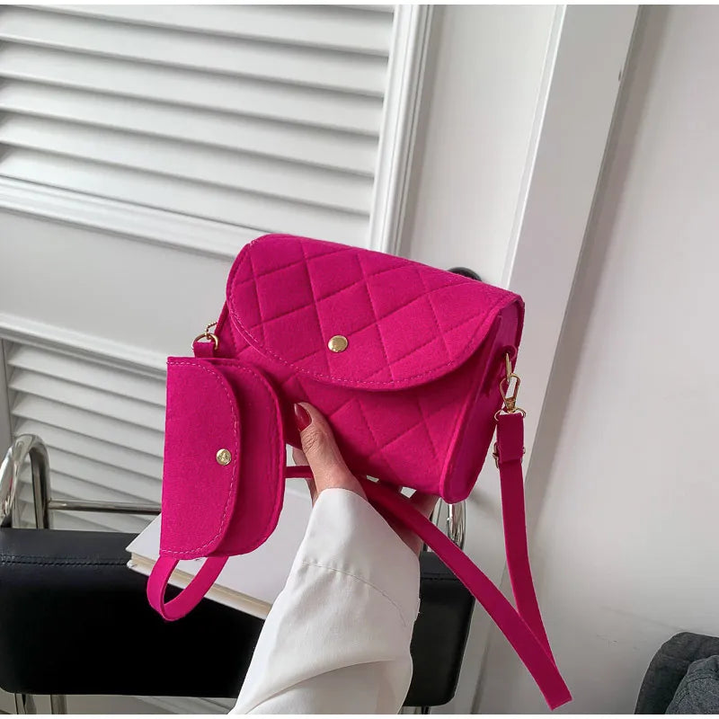 Mini bolsa transversal de feltro para mulheres, bolsa losango luxuosa com bolsa extra, bolsa de ombro high-end, fivela de cor sólida, bolsa para telefone, moda