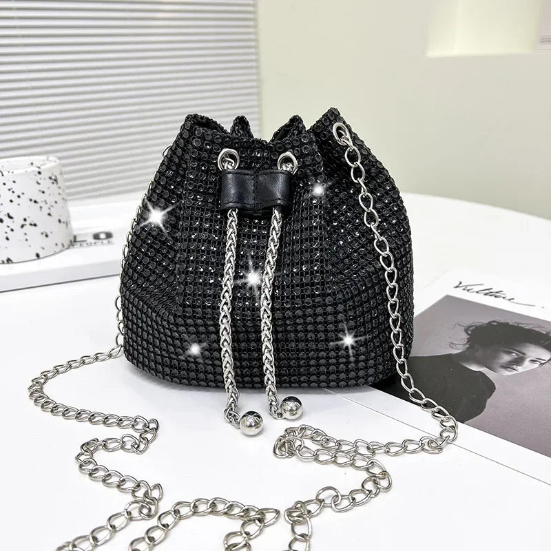 Luxo Diamante Evening Bag para Mulheres, Designer Shoulder Bags, Senhoras Balde Bolsas, Mini Crossbody Bags para Festa de Casamento, Moda